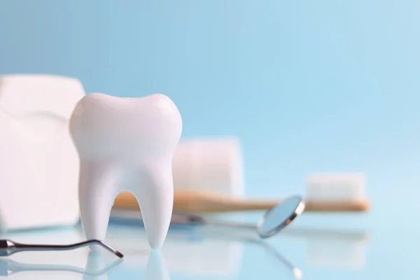 Dişçi konsepti. Renkli bir arkaplanda, yazı için yeri olan diş ve diş aletlerinin modeli. - Evet. Yüksek kalite fotoğraf