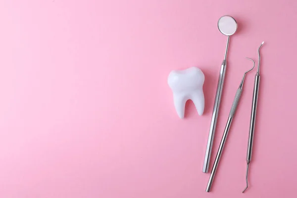 Dişçi konsepti. Renkli bir arkaplanda, yazı için yeri olan diş ve diş aletlerinin modeli. - Evet. Yüksek kalite fotoğraf