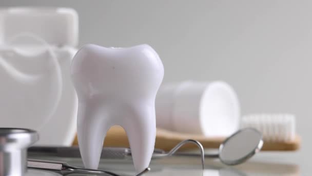 牙科学的概念 彩色背景上的牙齿和牙科器械的模型 有文字空间 是的高质量的照片 — 图库视频影像