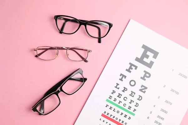 Sehtesttisch Brille Und Kontaktlinsen Auf Farbigem Hintergrund Hochwertiges Foto — Stockfoto