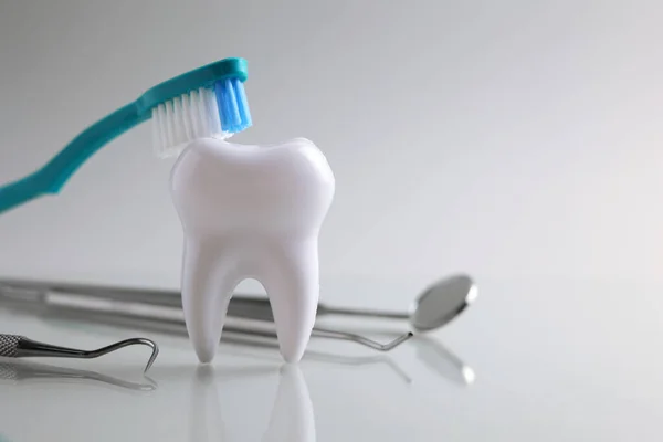 Concepto Odontológico Modelo Diente Instrumentos Dentales Sobre Fondo Claro Con — Foto de Stock
