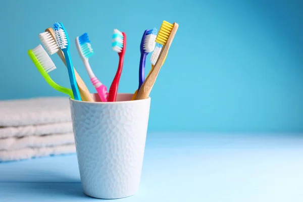Different Toothbrushes Colored Background Dental Care Oral Health High Quality — Stock Photo, Image