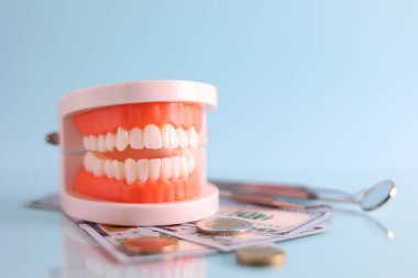 Diş ve paranın dişçi modeli. Diş hizmetlerinin fiyatı. - Evet. Yüksek kalite fotoğraf