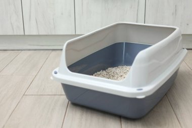 Arka planda hafif bir dolgu malzemesi olan kedi kumu kutusu. Metin için boşluk. Yüksek kalite fotoğraf