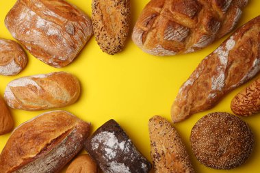 Canlı bir arkaplanda güzel bir şekilde sergilenen çeşitli taze pişmiş ekmeklerden oluşan hoş bir koleksiyon.