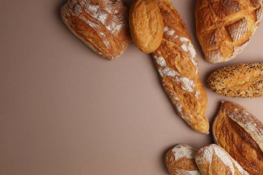 Canlı bir arkaplanda güzel bir şekilde sergilenen çeşitli taze pişmiş ekmeklerden oluşan hoş bir koleksiyon.