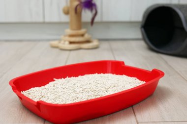 Arka planda hafif bir dolgu malzemesi olan kedi kumu kutusu. Metin için boşluk. Yüksek kalite fotoğraf