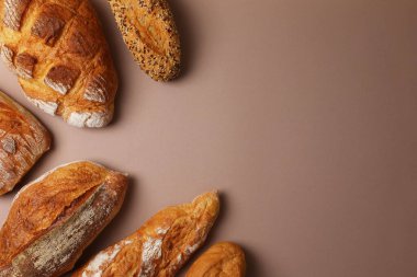 Canlı bir arkaplanda güzel bir şekilde sergilenen çeşitli taze pişmiş ekmeklerden oluşan hoş bir koleksiyon.