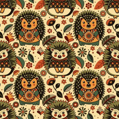 Sonbaharda kirpiler yapraklarla çevrili. Çocukların pürüzsüz desenleri.