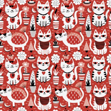 Parlak kırmızı arka planda farklı beyaz kedileri tasvir eden desen