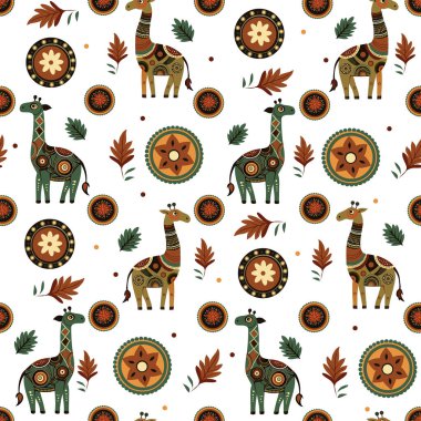 Beyaz arka planda parlak Afrika desenleriyle dekore edilmiş zürafalardan oluşan desen