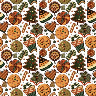 Bej bir arkaplan çiziminde şekerler ve kurabiyeler tasvir edilen yeni yıl deseni