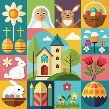 Paskalya sanatı bayramı resmediyor. Tavşan, yumurta, kilise, çiçekler, manevi illüstrasyon
