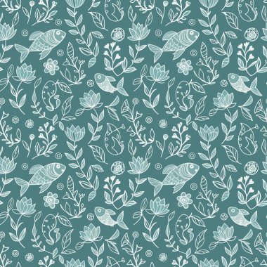 Arka planda, balık ve çiçekler beyaz bir hatla tasvir edilir.