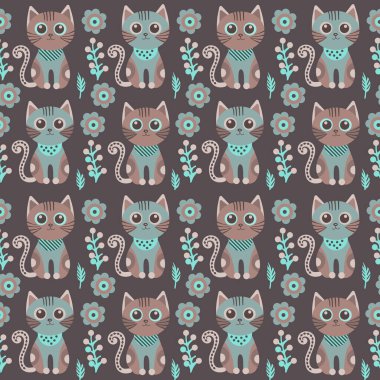 Karanlık arka planda çiçekli kediler. Kusursuz desen