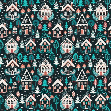 Karanlık arka planda köknar ağaçları olan Noel evleri. Kusursuz desen