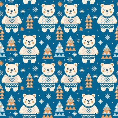 Kutup ayıları mavi arka planda, köknar ağaçları ve kar taneleriyle. Kusursuz desen