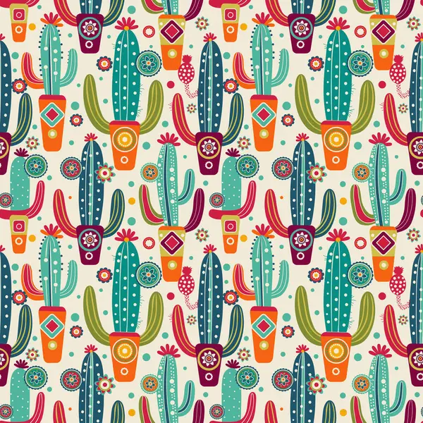 Beyaz arka planda parlak tencereler içinde mavi ve kaktüsler. Kusursuz desen