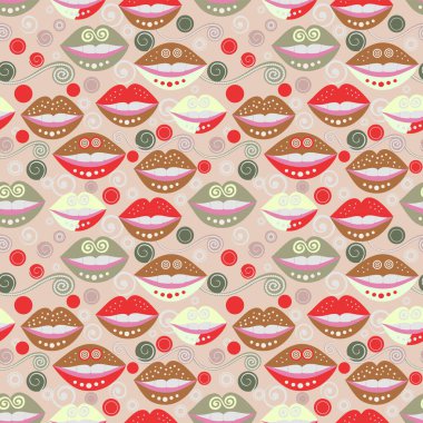 Parlak dudaklar, arka plandaki güzel desenlere karşı. Kusursuz desen