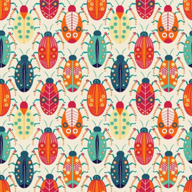 Beyaz arka planda parlak böcekler. Kusursuz desen