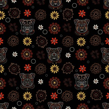 Karanlık bir arka planda çiçekler içindeki buldoglar. Kusursuz desen