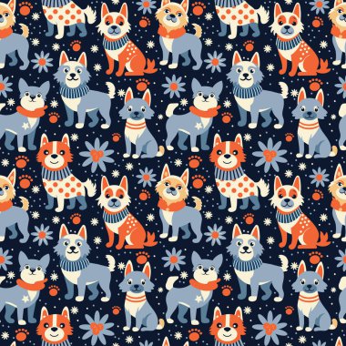 Mavi arka planda sevimli köpekler. Kusursuz desen
