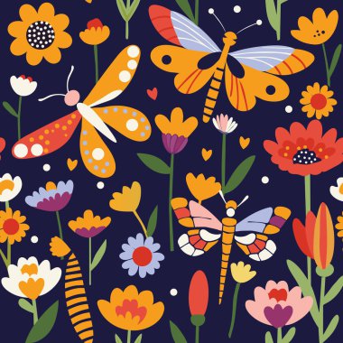 Yaz otlağında kelebekler ve yusufçuklar. Kusursuz desen