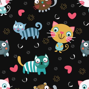 Mavi arka planda sevimli parlak kediler. Kusursuz desen