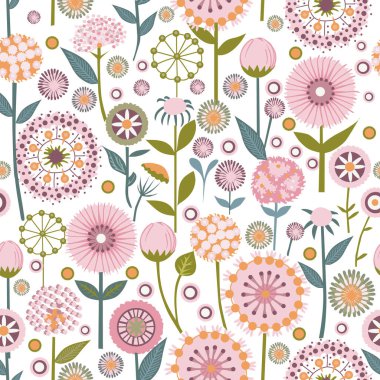 Beyaz arka planda narin karahindiba çiçekleri. Kusursuz desen