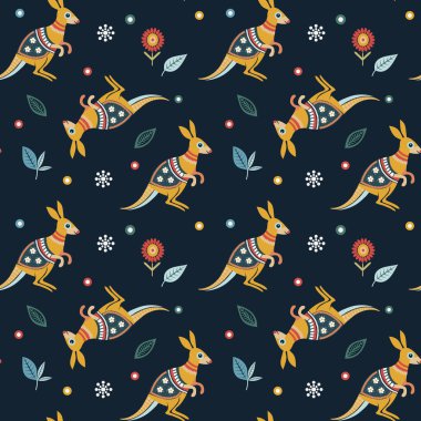 Karanlık arka planda çiçekler arasında neşeli bir kanguru. Kusursuz desen