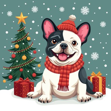 Bir köknar ağacı ve hediyelerin arka planında buldog Noel 'i. vektör illüstrasyonu, sanat