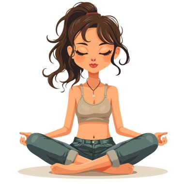 Yoga yapan kız. Kapalı gözlerle paspasın üzerinde oturuyordu. vektör illüstrasyonu