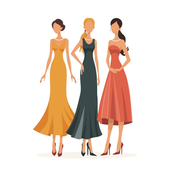 The illustration shows three girls demonstrating different styles of evening dresses. The dresses are presented in three colors yellow, green and coral. The illustration conveys an atmosphere of