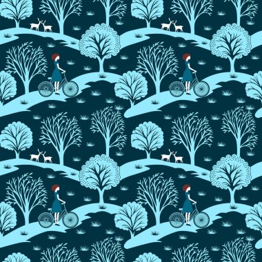 Mavi Orman 'ın arka planında bisikletli bir kız. pürüzsüz vektör deseni