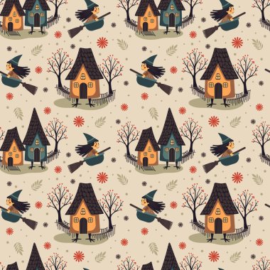 Küçük bir cadı süpürgeyle evlerin arka planına doğru uçuyor. pürüzsüz vektör deseni