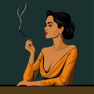 Zarif Retro Kadın Sigara Tutacağı ile Sigara İçiyor Vintage Parlak Portre Çizimi