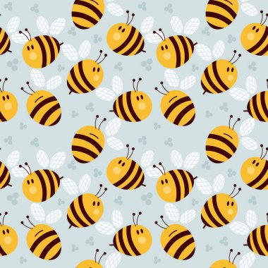 Pastel mavi arka planda çizgi film stili şirin, dikişsiz arı deseni. Çocuklar, bebek ürünleri ve tekstil için mükemmel.