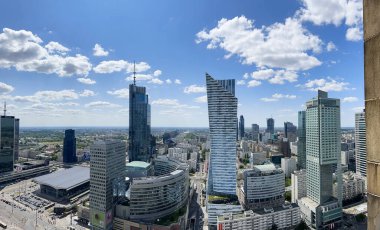 Varşova şehir merkezi panorama manzarası, modern gökdelenler ve iş merkezleri Varşova, insansız hava aracı manzarası yüksek kaliteli fotoğraf