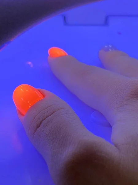 Mavi bir ultraviyole lambanın içinde neon turuncu manikürlü, jel cilası kurutan bir kadın el. Manikür süreci, kurutma aşaması. Yüksek kalite fotoğraf