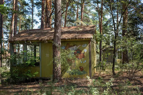 Ukrayna, Çernobil - 08 / 20 / 2017: Yabancılaşma bölgesinde terk edilmiş öncü kampı 