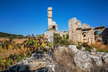 Antik Perge şehrinin kalıntıları. Perge, Türkiye 'nin güney Akdeniz kıyısında antik bir Yunan kentidir.. 