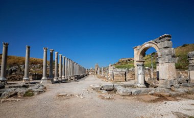 Antik Perge şehrinin kalıntıları. Perge, Türkiye 'nin güney Akdeniz kıyısında antik bir Yunan kentidir.. 