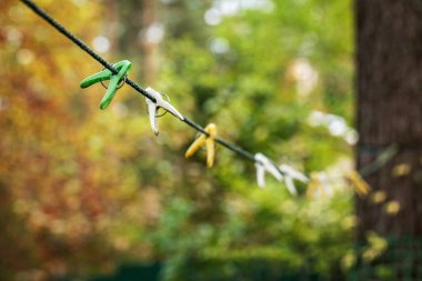 Çamaşır ipinde renkli mandallar. Yüksek kalite fotoğraf