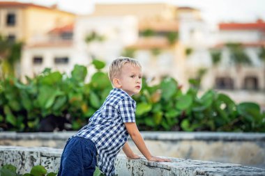 Kareli gömlekli neşeli bir sarışının yaz portresi..