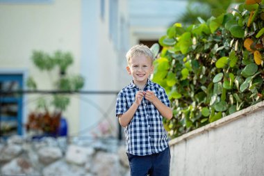 Kareli gömlekli neşeli bir sarışının yaz portresi..