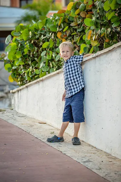 Kareli gömlekli neşeli bir sarışının yaz portresi..