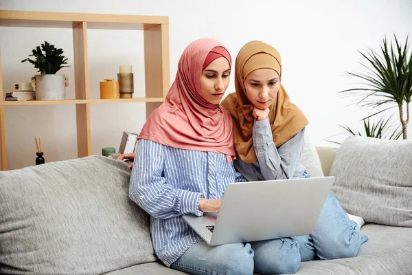 Türbanlı iki kadın online dergi okuyor ve evdeki kanepede otururken dizüstü bilgisayar kullanıyor. Kızlar sakin ve siparişleri seçmeye ve sipariş vermeye odaklanmış. Uygulamayı birlikte araştırıyoruz.