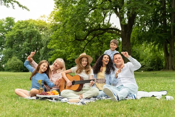 Big cheerful family sits in the park on a blanket, sing a song with a guitar, fun and dance. Family from different generations met for the weekend to spend a wonderful holiday together on open air.
