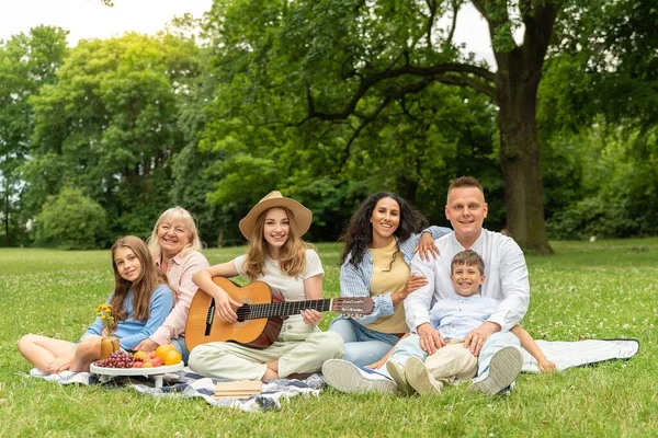 Mutlu çok nesilli karışık ırk aileleri birlikte pikniğin tadını çıkarıyorlar. Dışarıda gitar çalıyorlar ve müzik dinliyorlar. Yaz aktiviteleri. Koleksiyondaki aile temiz havada dinleniyor..