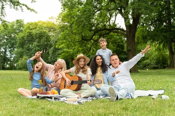 재미의 높이입니다 세대에서 가족은 공원에 잔디에 노래를 휴일과 기타와 노래를 스톡 이미지
